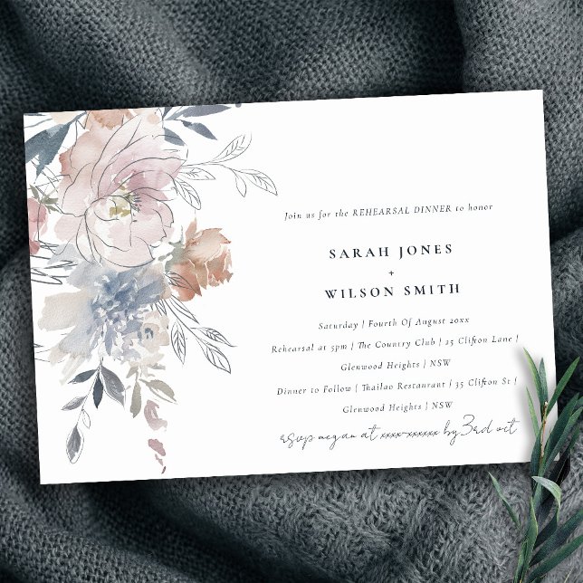 Invitation Elégant Blush Aquarelle Floral Dîner de répétition (Créateur téléchargé)