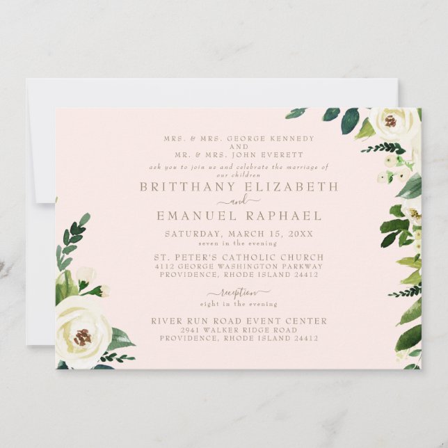 Invitation Élégant Blush Blanc Floral Les deux parents Mariag (Devant)