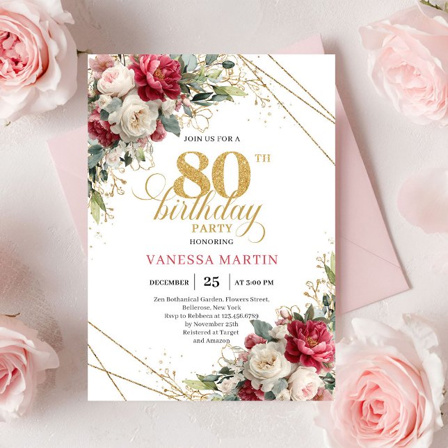 Invitation Elegant Blush Burgundy Floral 80th Birthday Invite (Elegant Blush Burgundy Floral 80th Birthday Invite)