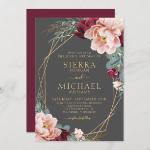 Invitation Elégant Blush Burgundy Grey Gold Peony Mariage