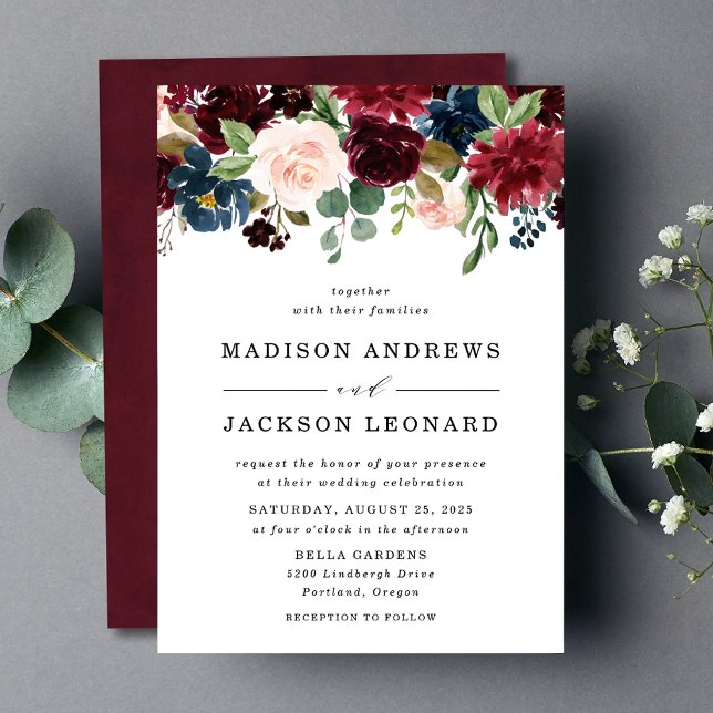 Invitation Élégant Blush Burgundy Navy Mariage floral (Créateur téléchargé)