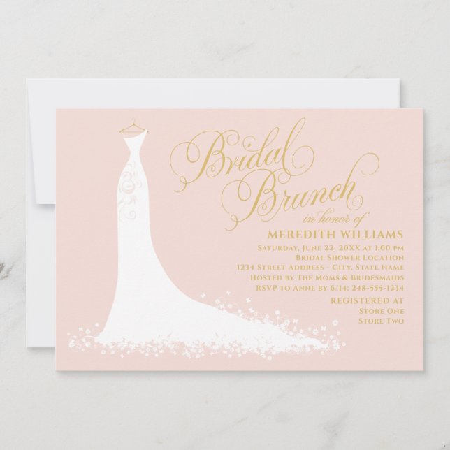 Invitation Élégant Blush et Gold Mariage Gown Bridal Brunch (Devant)
