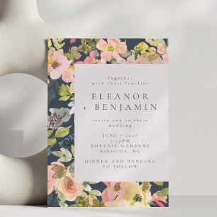 Invitation Elégant Blush et Mariage floral de couleur marine