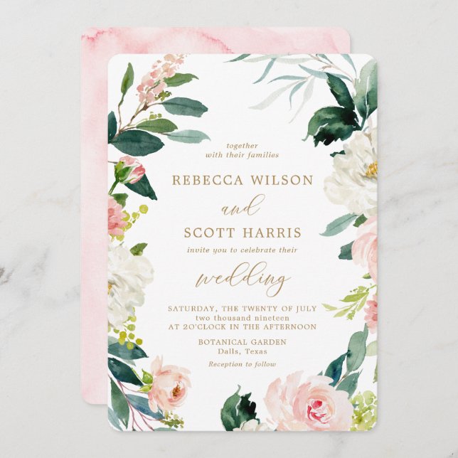 Invitation Elégant Blush et or Aquarelle Mariage floral (Devant / Derrière)