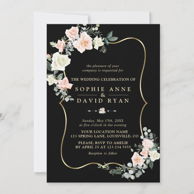 Invitation Elégant Blush Fleurs blanches or Black Mariage (Devant)