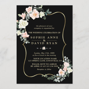 Invitation Elégant Blush Fleurs blanches or Black Mariage