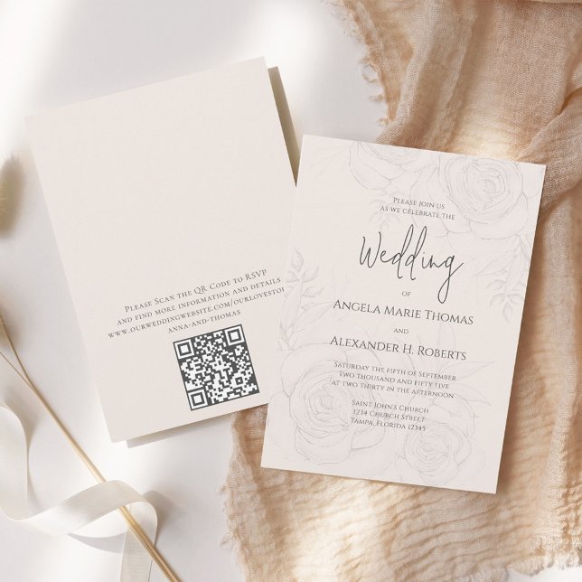Invitation Élégant Blush Floral Calligraphie Script QR Code (Elegant blush floral wedding invitation with elegant calligraphy script. with QR Code. )