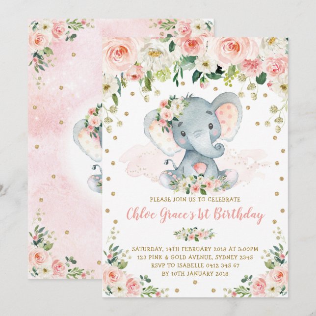 Invitation Elégant Blush Floral Elephant Girl 1er anniversair (Devant / Derrière)