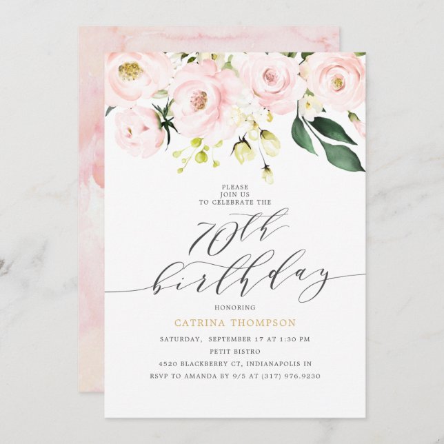 Invitation Elégant Blush Floral et Eucalyptus 70e anniversair (Devant / Derrière)