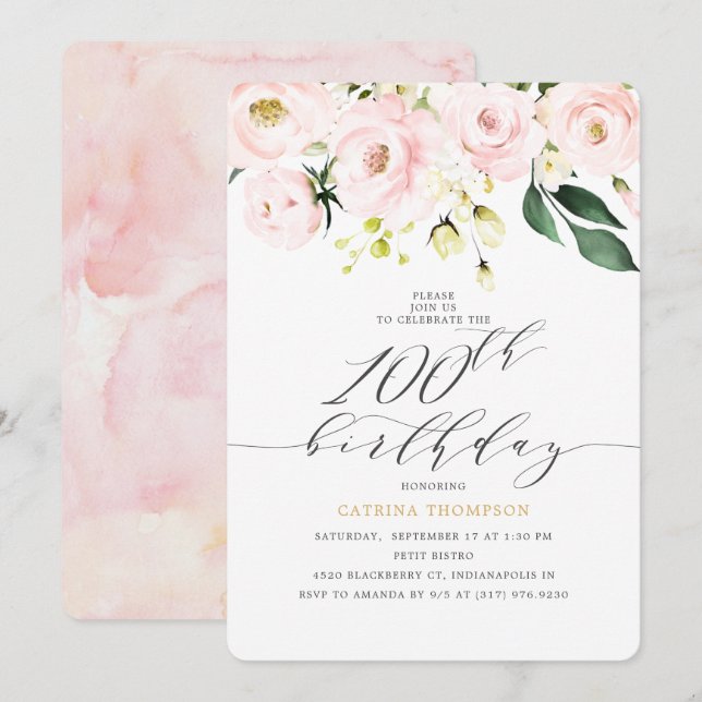 Invitation Elégant Blush Floral Eucalyptus 100e anniversaire (Devant / Derrière)