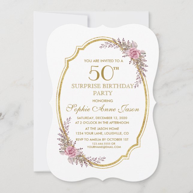 Invitation Elégant Blush Floral Gold 50e Surprix Anniversaire (Devant)