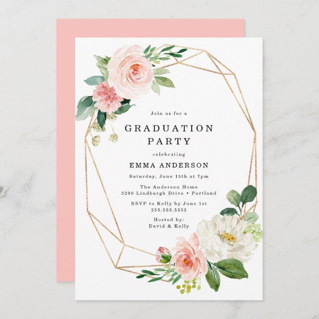 Invitation Élégant Blush Floral Gold Frame Party (Devant / Derrière)