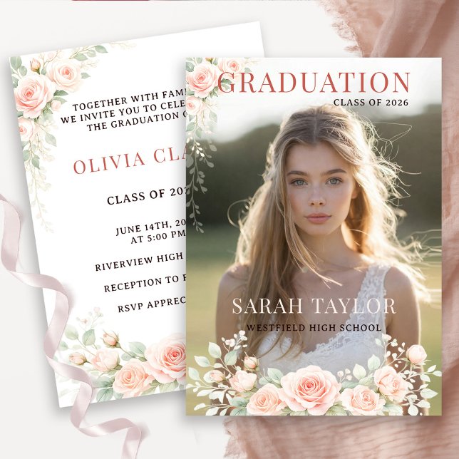 Invitation Elegant Blush Floral Graduation Photo (Créateur téléchargé)