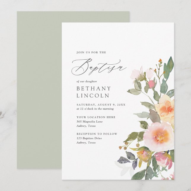 Invitation Élégant Blush Floral Greenery Girl Baptism (Devant / Derrière)