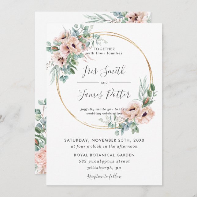 Invitation Elégant Blush Floral Greenery Gold Frame Mariage (Devant / Derrière)