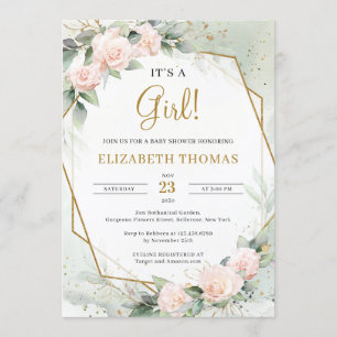 Invitation Elégant Blush Floral Greenery Or C'est une fille