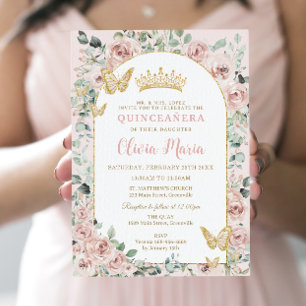 Invitation Élégant Blush Floral Papillons Or Quinceañera