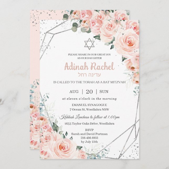 Invitation Élégant Blush Floral Roses Bat mitzvah argent (Devant / Derrière)