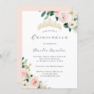 Invitation Élégant Blush Floral Tiara Quinceanera