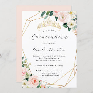 Invitation Elégant Blush Floral Tiara Quinceanera géométrique