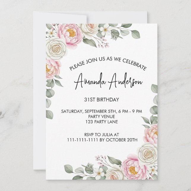 Invitation Elegant Blush Floral Watercolor Birthday  (Devant)