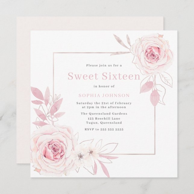 Invitation Elégant Blush Floral Wreath Frame Sweet 16 Seize (Devant / Derrière)
