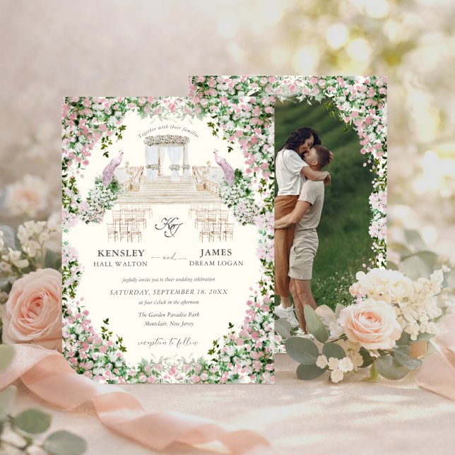 Invitation Elegant Blush Garden with Photo Wedding  (Créateur téléchargé)