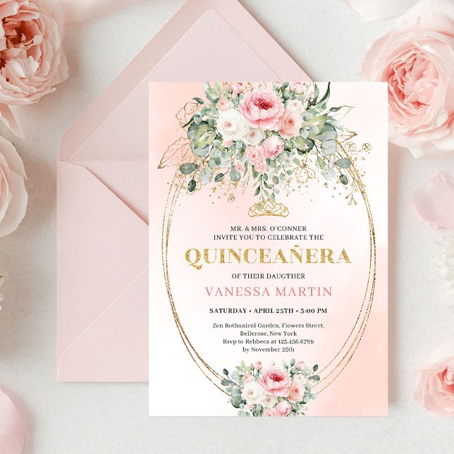 Invitation Elegant Blush & Gold Boho Quinceañera Floral Invit (Elegant Blush & Gold Boho Quinceañera Floral Invite)