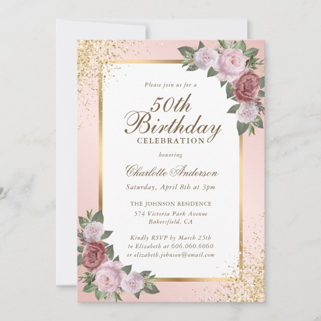 Invitation Elégant Blush Gold Confetti Floral 50e Anniversair (Devant)