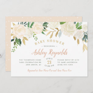 Invitation Elégant Blush Gold et Green Floral Baby shower