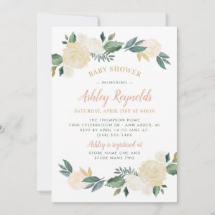 Invitation Elégant Blush Gold Green Floral Girl Baby shower