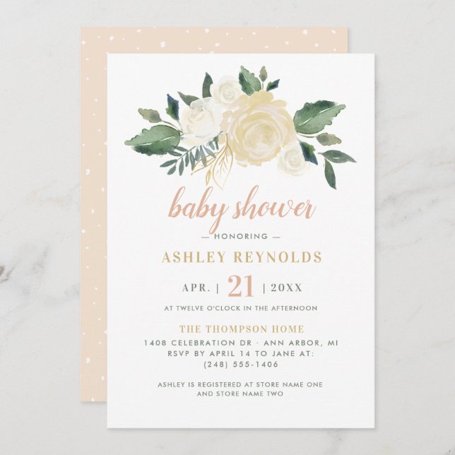 Invitation Elégant Blush Gold Green Floral Girl Baby shower (Devant / Derrière)