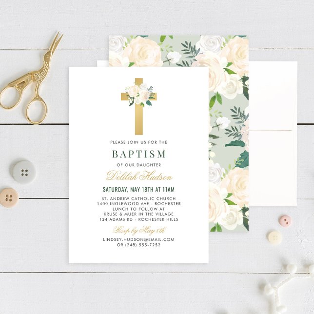 Invitation Élégant Blush Green Gold Floral Cross Girl Baptism (Créateur téléchargé)