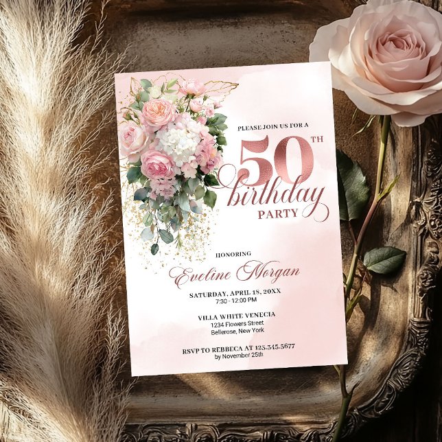 Invitation Elegant Blush Greenery Rose Gold 50th Birthday  (Elegant Blush Greenery Rose Gold 50th Birthday Invite)
