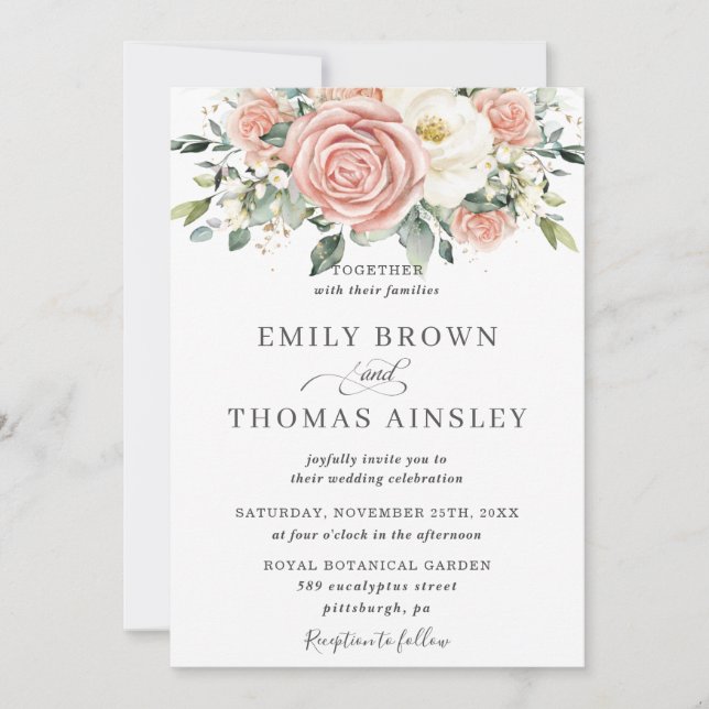 Invitation Élégant Blush Ivory Floral Rose Fleurs Mariage (Devant)