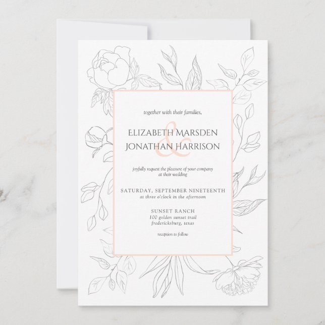 Invitation Elégant Blush Line Art Dessin Floral Simple (Devant)