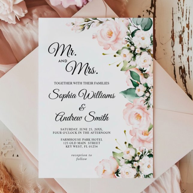 Invitation Élégant Blush Mariage Rose doux Fleurs (Créateur téléchargé)