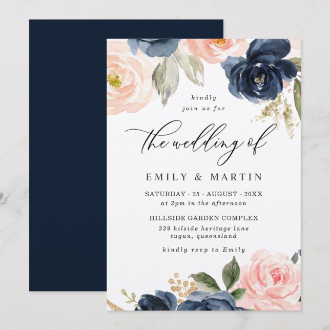 Invitation Elégant Blush & Navy Floral Shimmer Mariage (Devant / Derrière)