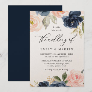 Invitation Elégant Blush & Navy Floral Shimmer Mariage