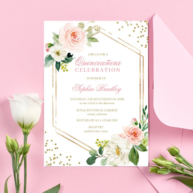 Invitation Elégant Blush or rose Floral Quinceañera (Créateur téléchargé)
