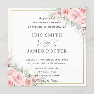 Invitation Élégant Blush Pale Rose Floral Mariage or Carré