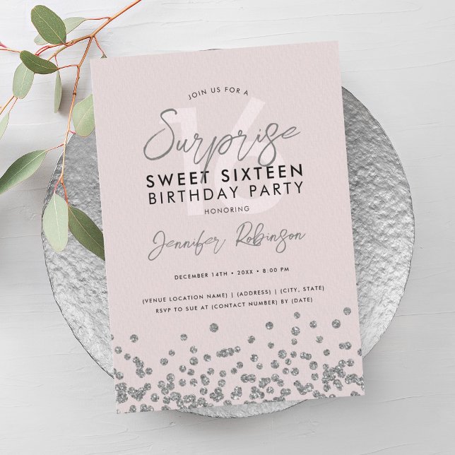 Invitation Elégant Blush Parties scintillant Argent Surprise  (Elegant Blush Silver Glitter Surprise Sweet 16 Invitation)