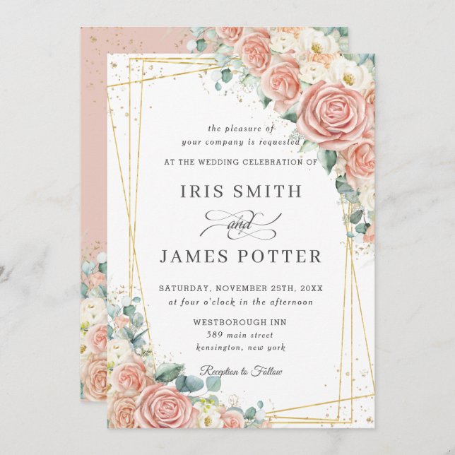 Invitation Élégant Blush Peach Ivory Floral Rose Mariage (Devant / Derrière)