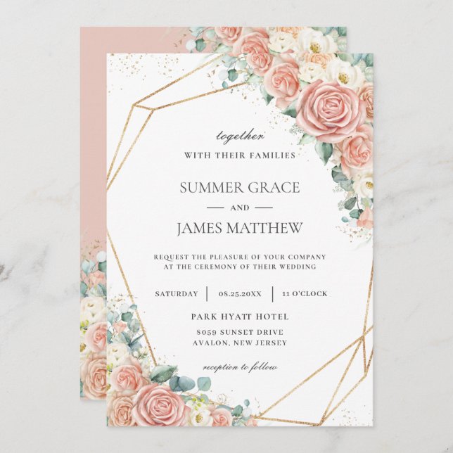 Invitation Élégant Blush Peach Ivory Floral Rose Mariage (Devant / Derrière)