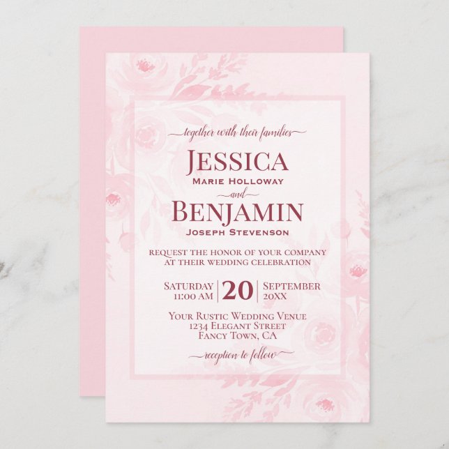 Invitation Elegant Blush Pink Boho Chic Floral Wedding (Devant / Derrière)
