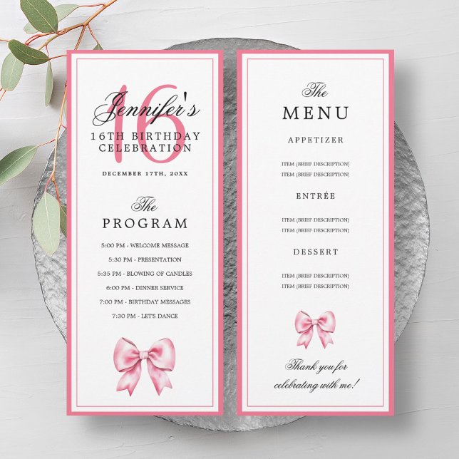 Invitation Elegant Blush Pink Bow 16th Birthday Program Menu  (Elegant Blush Pink Bow 16th Birthday Program Menu)