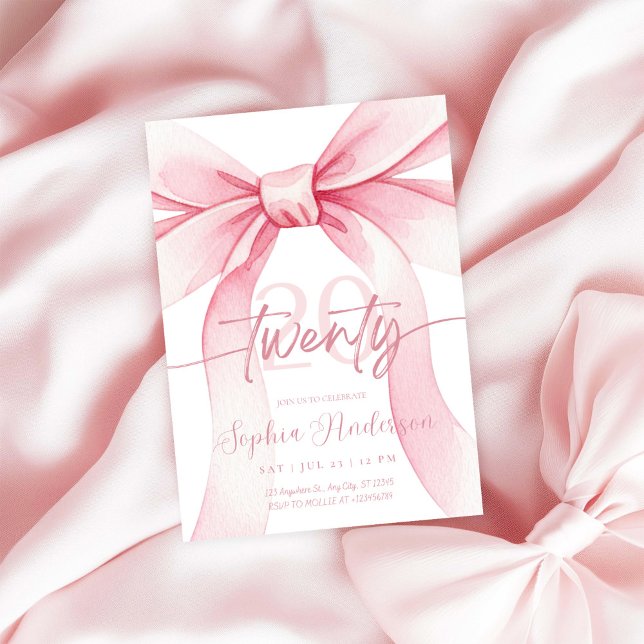 Invitation Elegant Blush Pink Bow 20th Birthday (Créateur téléchargé)