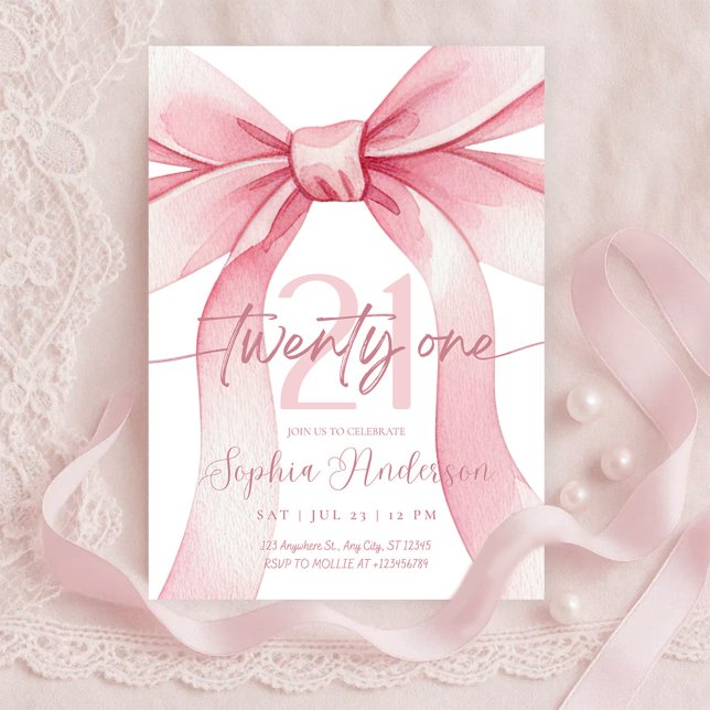 Invitation Elegant Blush Pink Bow 21th Birthday (Créateur téléchargé)