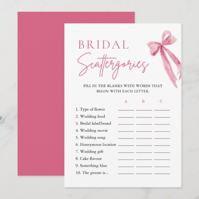 Invitation Élégant Blush Pink Bow Bridal Scattergories Jeu (Devant / Derrière)