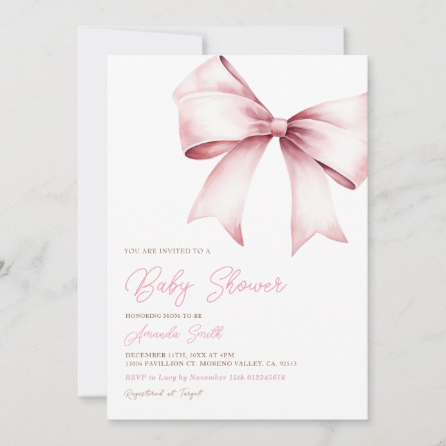 Invitation Elégant Blush Pink Bow Coquette Baby shower fille (Devant)